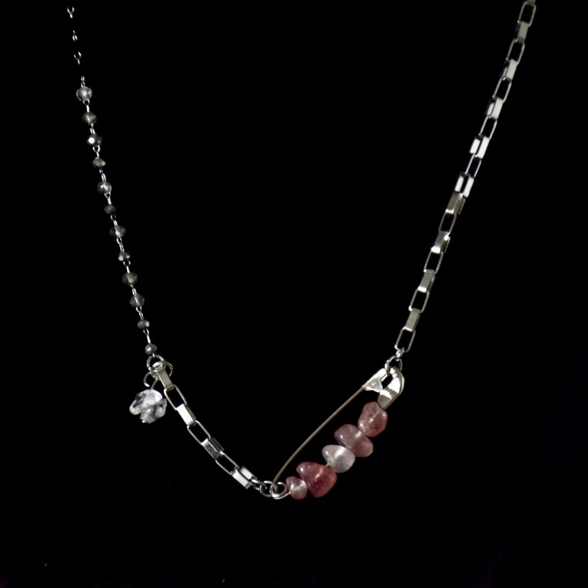 Clear Strawberry Quartz Pin Stainless Steel Necklace