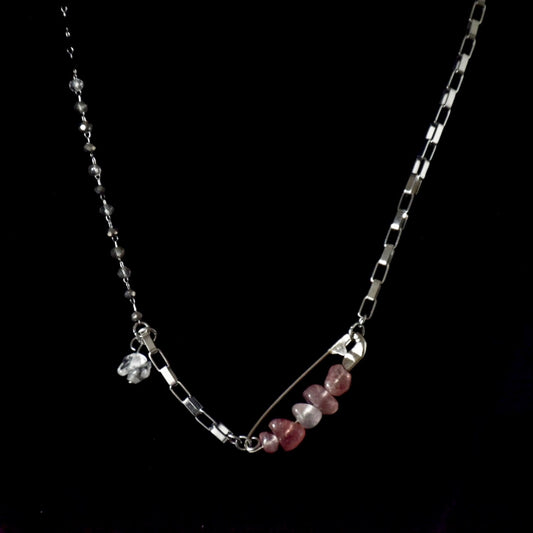 Clear Strawberry Quartz Pin Stainless Steel Necklace
