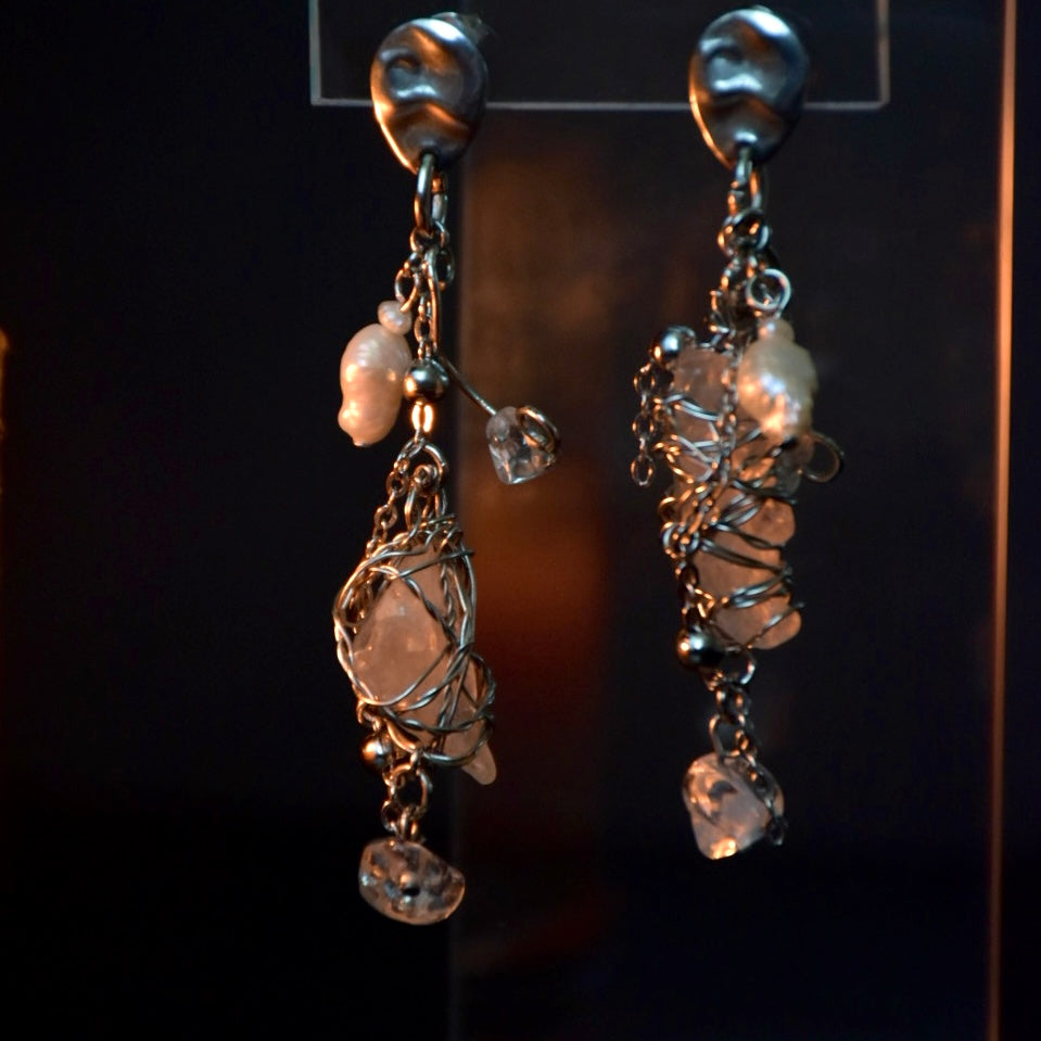 Quartz & Freshwater Pearl Stainless Steel Earrings