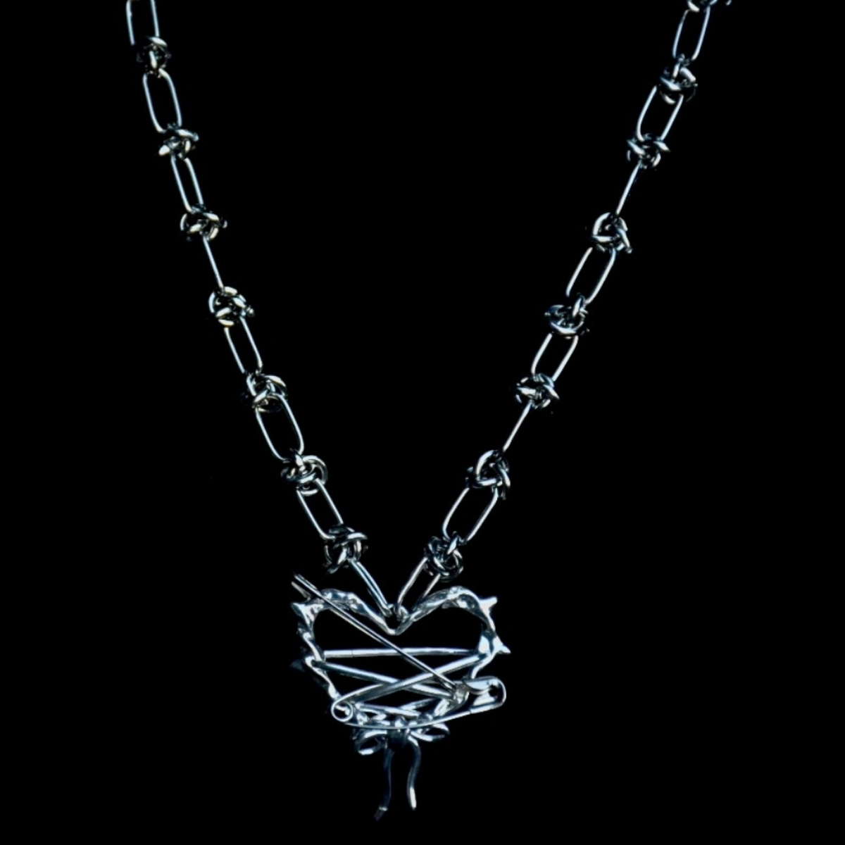 Safety Pin Heart Barbed Stainless Steel Necklace