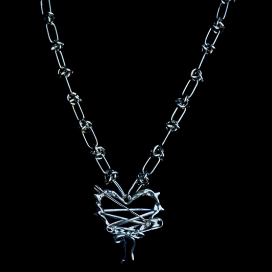 Safety Pin Heart Barbed Stainless Steel Necklace