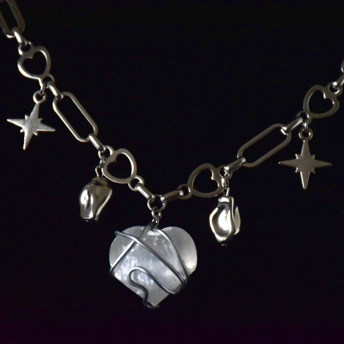 Selenite Heart Stainless Steel Choker