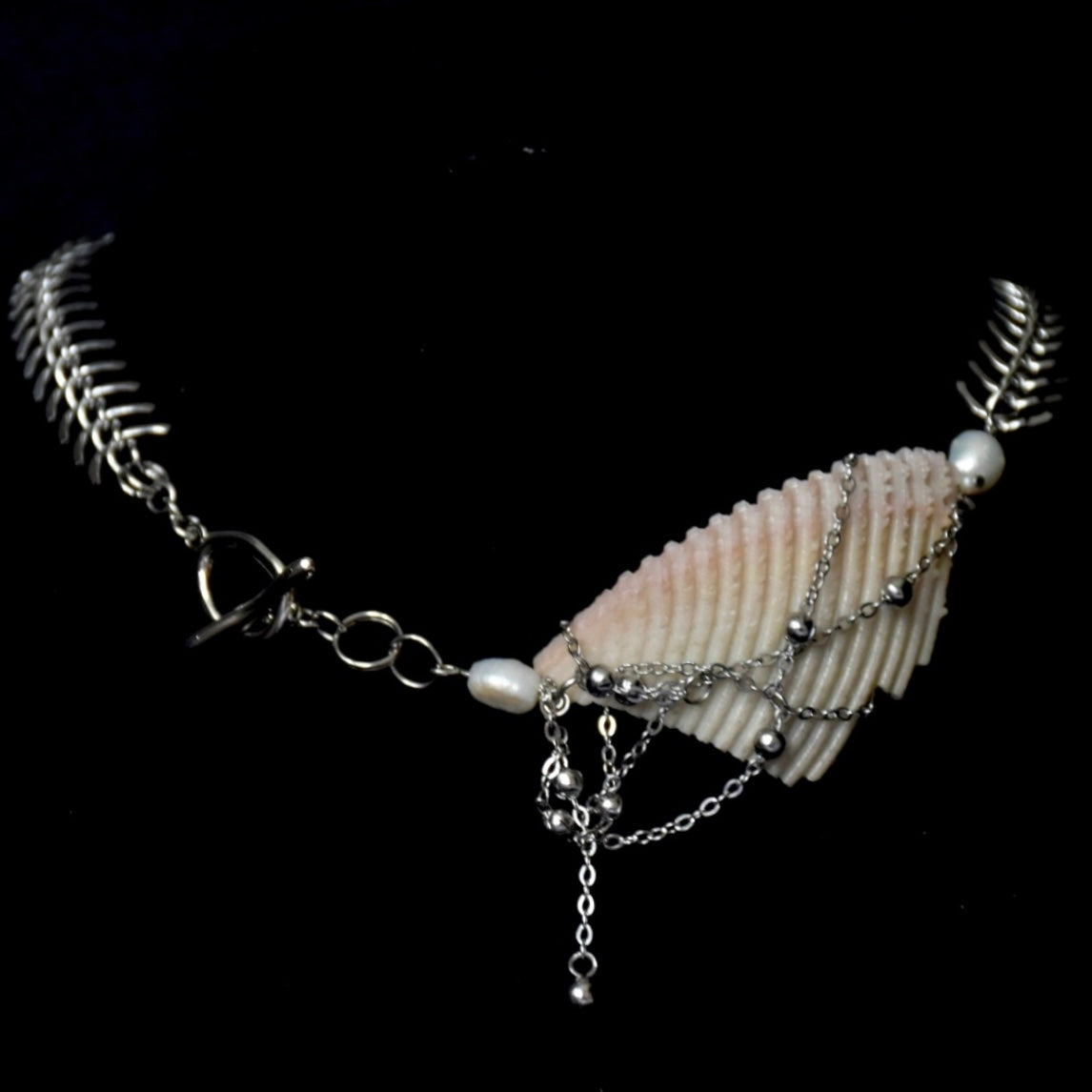 Fish Bone Freshwater Pearl Thread-Through Stainless Steel Choker
