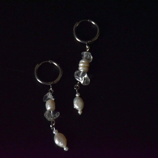 Clear Quartz Freshwater Peals Stainless Steel Earrings