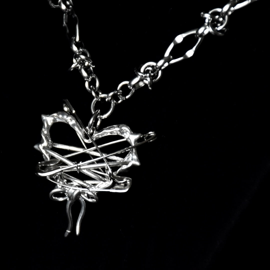 Safety Pin Heart Barbed Stainless Steel Necklace
