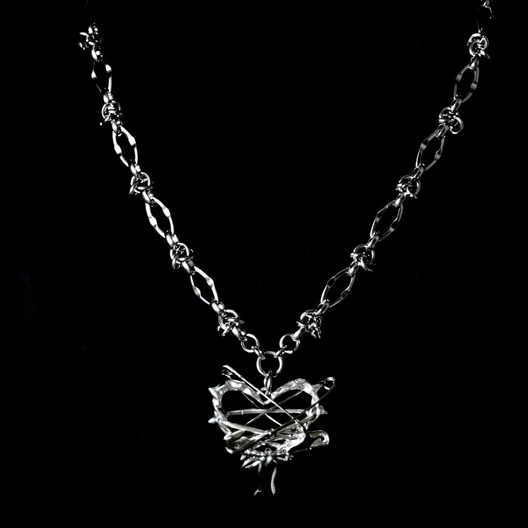 Safety Pin Heart Barbed Stainless Steel Necklace