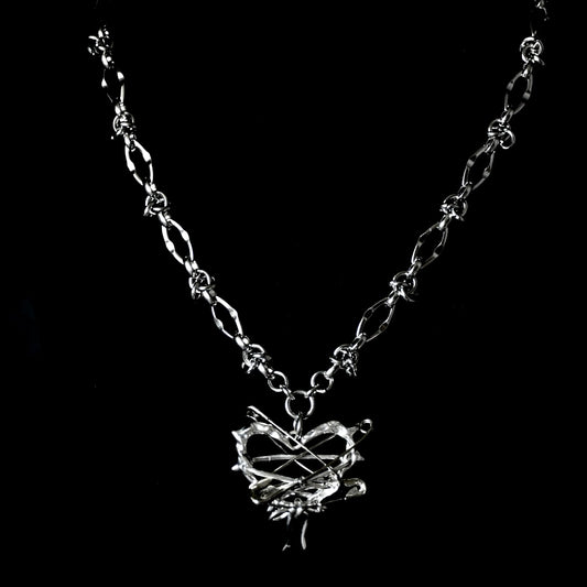 Safety Pin Heart Barbed Stainless Steel Necklace