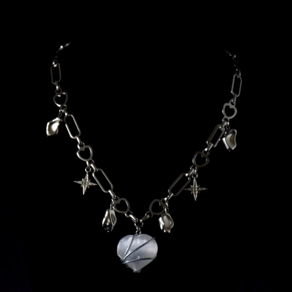 Selenite Heart Stainless Steel Choker