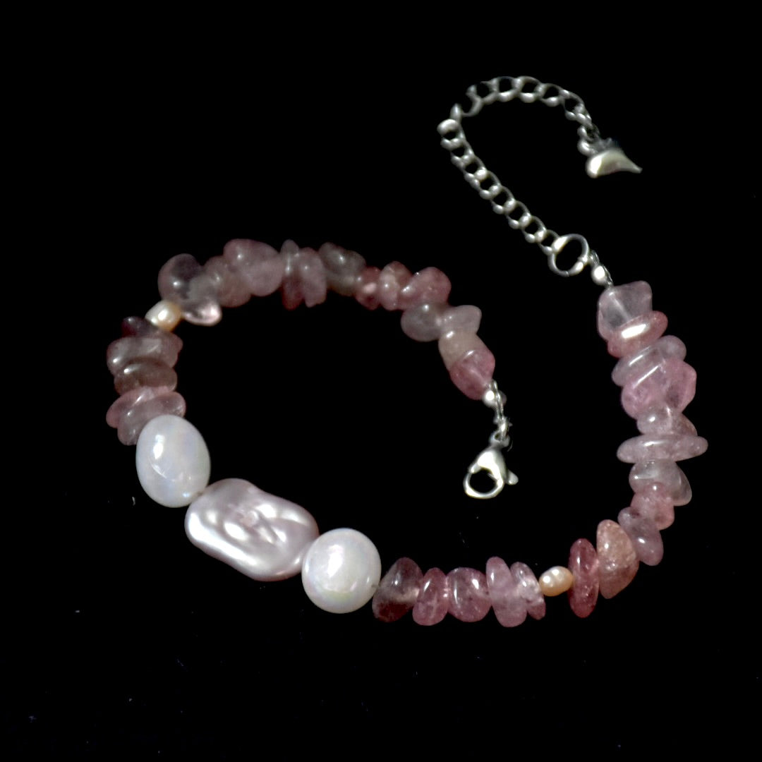 Freshwater Pearl, 
Strawberry & Angel Quartz Stainless Steel Bracelet