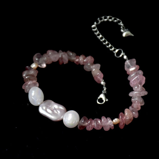 Freshwater Pearl, 
Strawberry & Angel Quartz Stainless Steel Bracelet