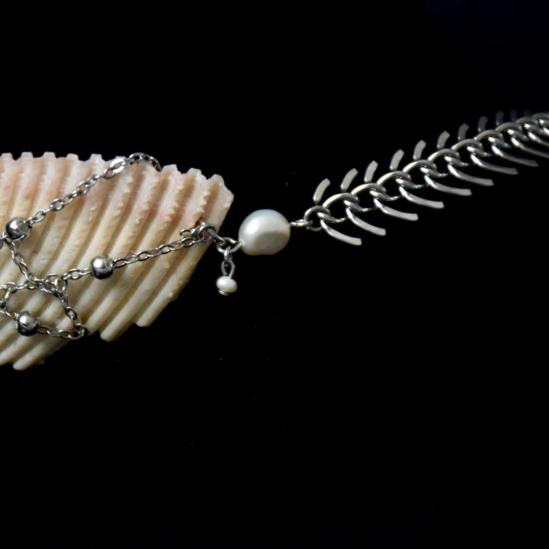 Fish Bone Freshwater Pearl Thread-Through Stainless Steel Choker