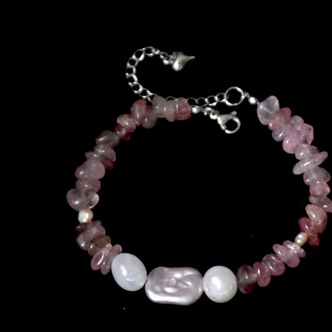 Freshwater Pearl, 
Strawberry & Angel Quartz Stainless Steel Bracelet