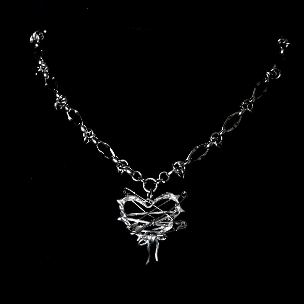 Safety Pin Heart Barbed Stainless Steel Necklace