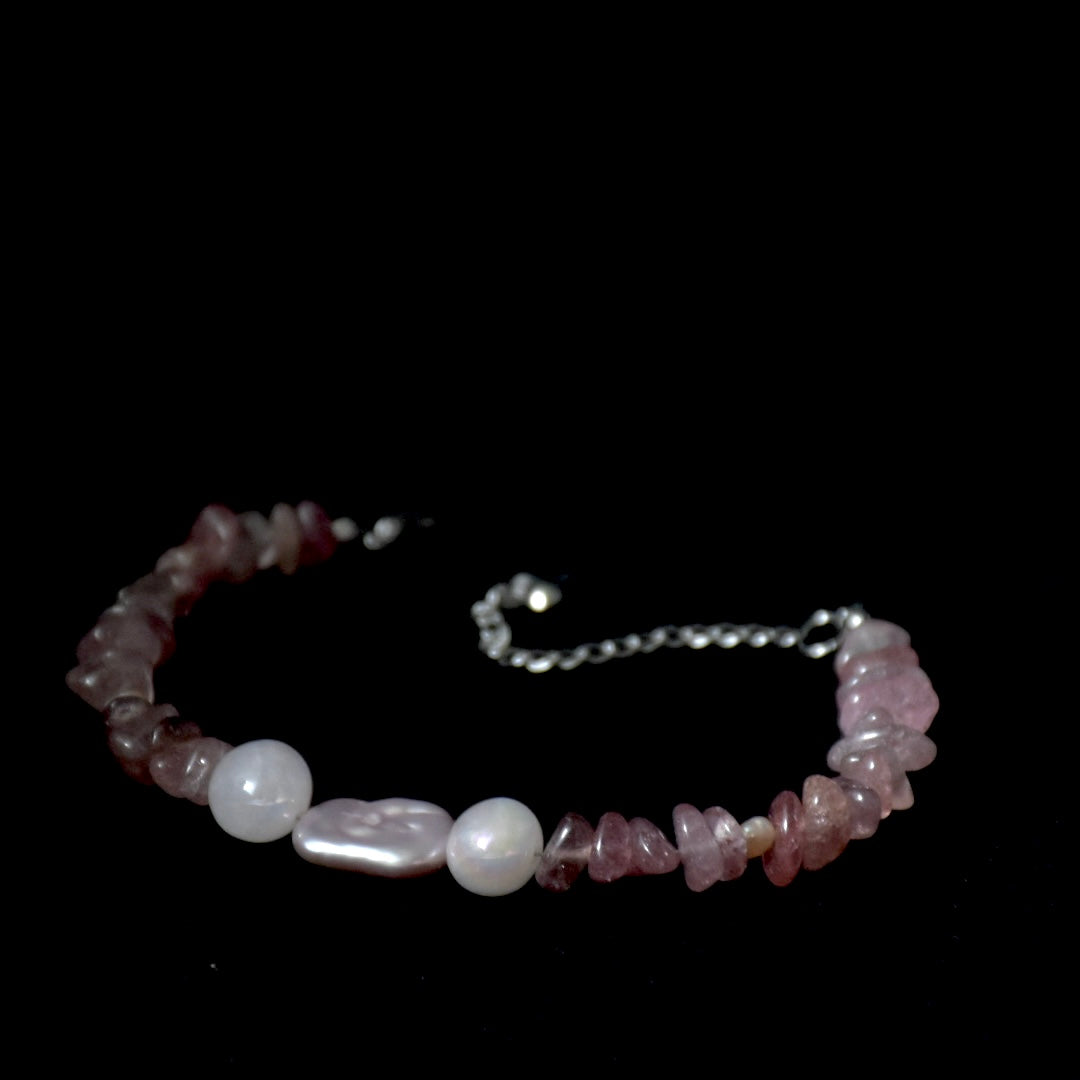 Freshwater Pearl, 
Strawberry & Angel Quartz Stainless Steel Bracelet