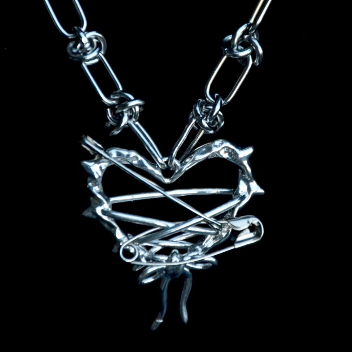 Safety Pin Heart Barbed Stainless Steel Necklace
