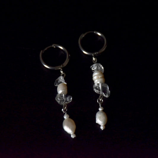 Clear Quartz Freshwater Peals Stainless Steel Earrings
