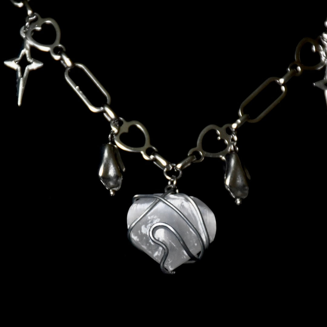 Selenite Heart Stainless Steel Choker