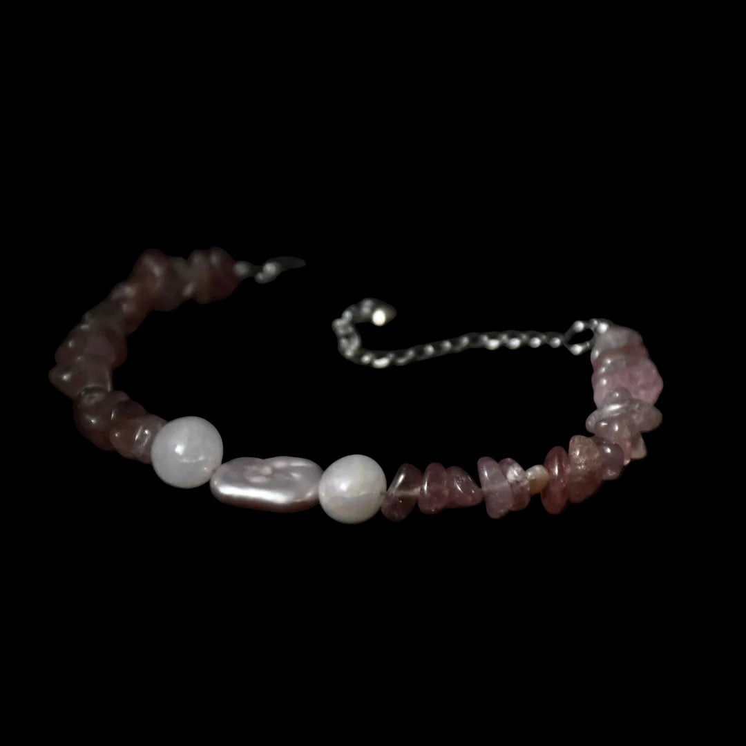Freshwater Pearl, 
Strawberry & Angel Quartz Stainless Steel Bracelet