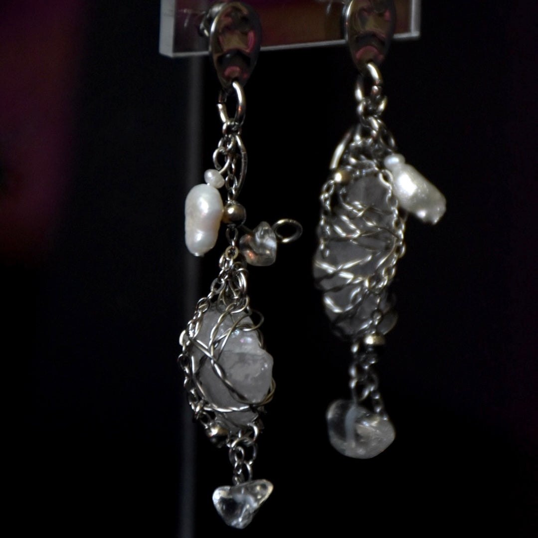Quartz & Freshwater Pearl Stainless Steel Earrings