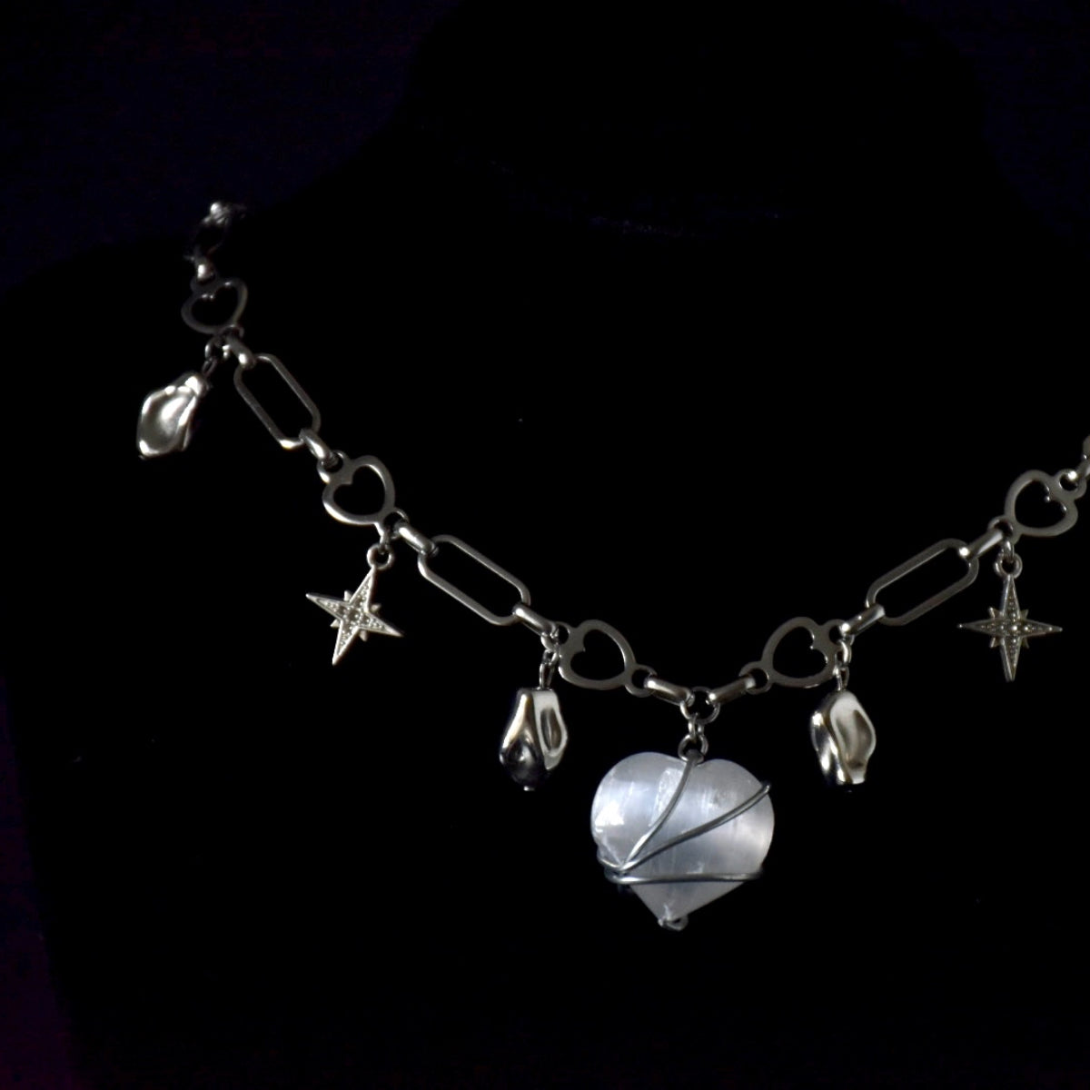 Selenite Heart Stainless Steel Choker