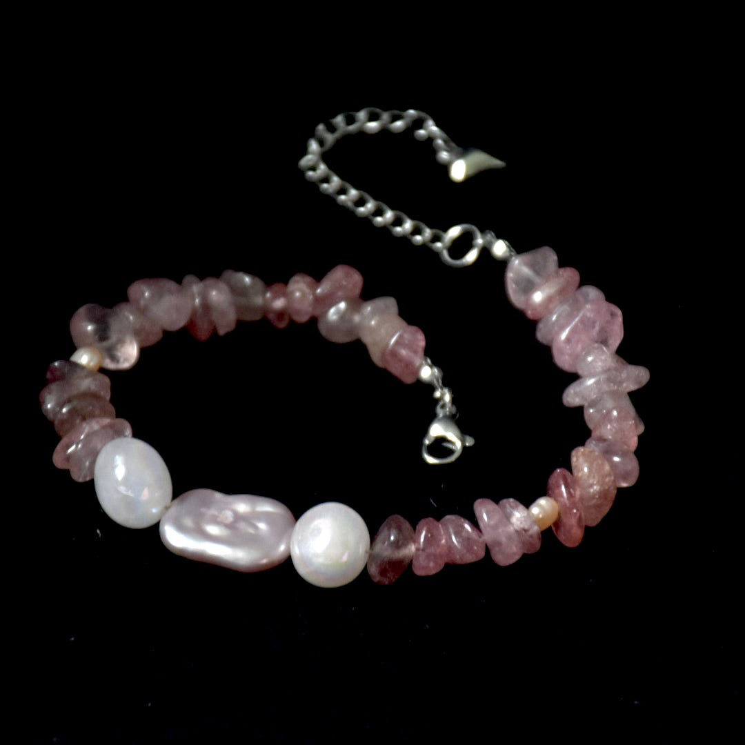 Freshwater Pearl, 
Strawberry & Angel Quartz Stainless Steel Bracelet