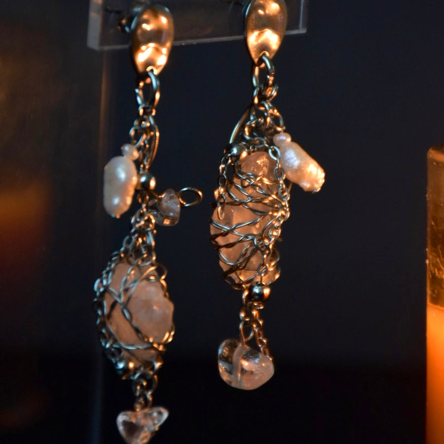 Quartz & Freshwater Pearl Stainless Steel Earrings