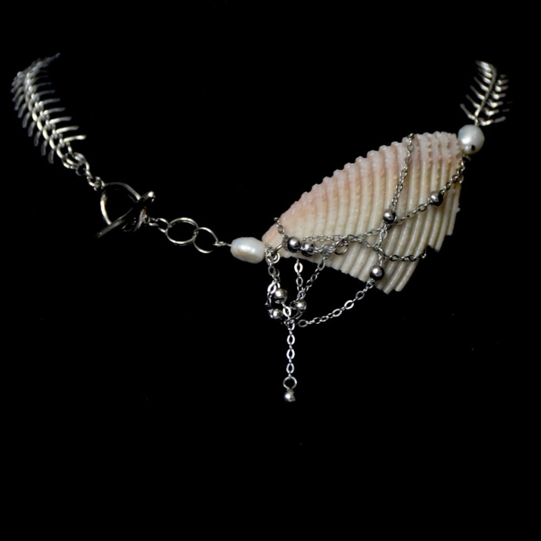 Fish Bone Freshwater Pearl Thread-Through Stainless Steel Choker
