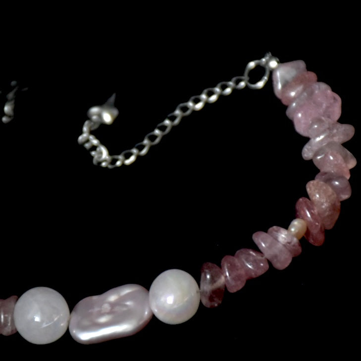 Freshwater Pearl, 
Strawberry & Angel Quartz Stainless Steel Bracelet