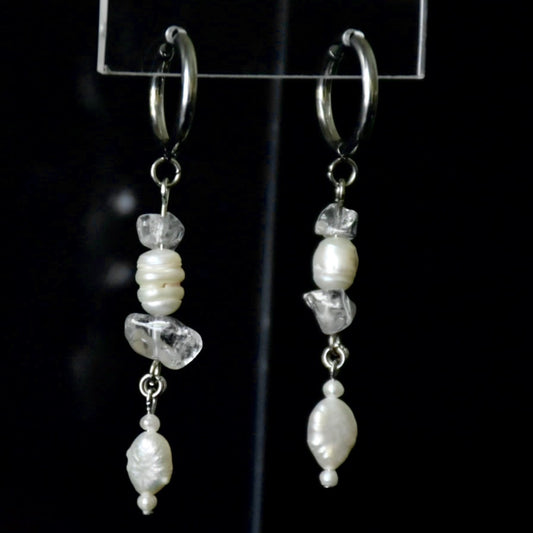 Freshwater Pearls & Clear Quartz Stainless Steel Drop Earrings