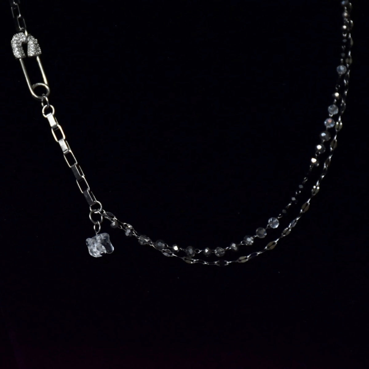 Asymmetric Two Chain Safety Pin Stainless Steel Necklace