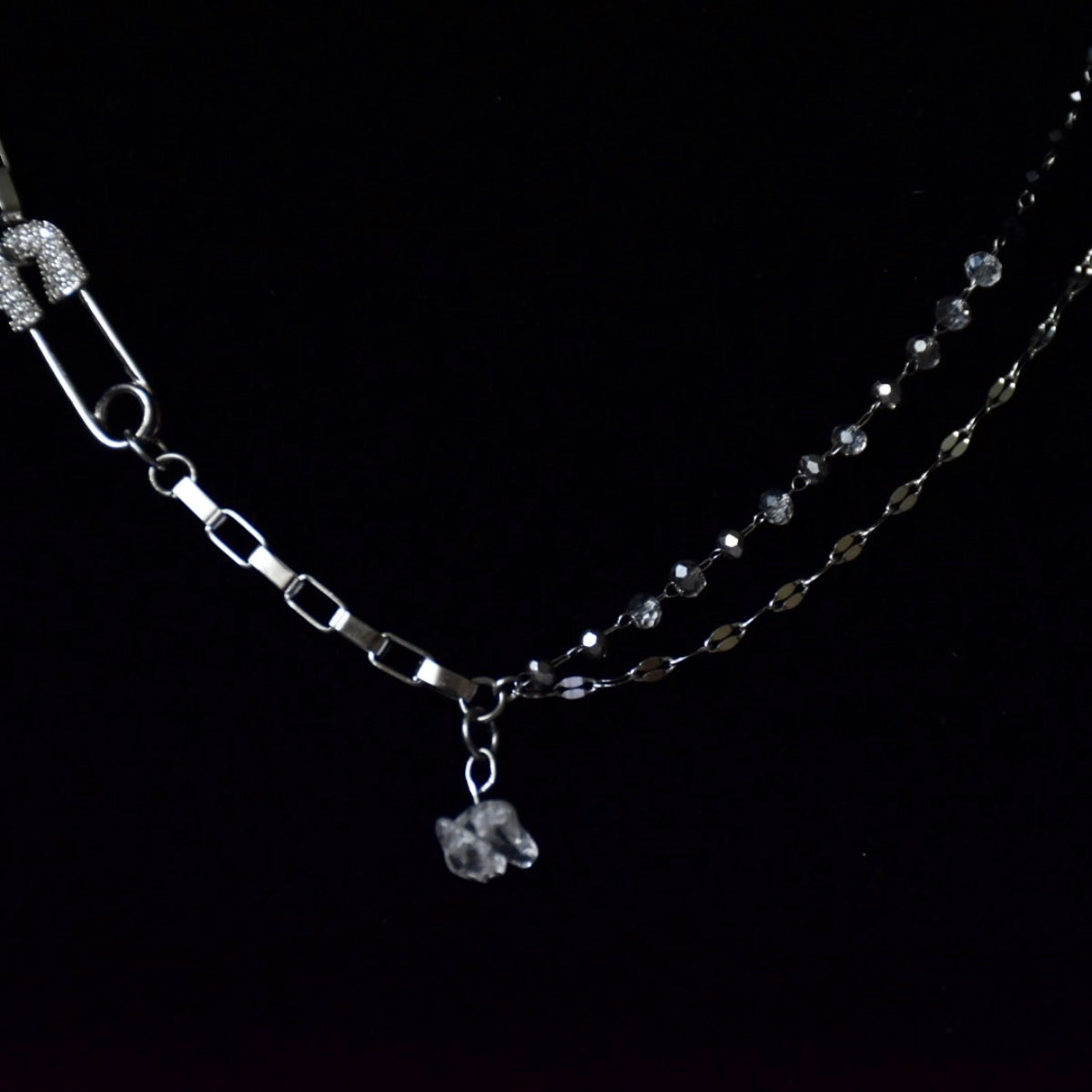 Asymmetric Two Chain Safety Pin Stainless Steel Necklace